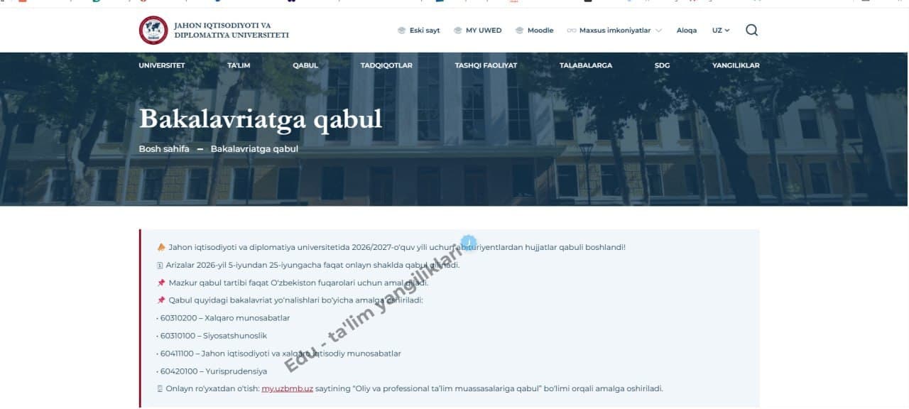 Diplomatiya universitetiga kirishda dastlabki imtihon endi bo‘lmaydi