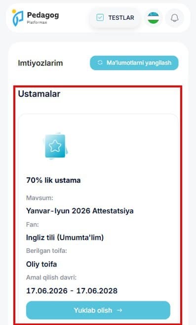 70 foizlik ustama hujjatini yuklab olish boshlandi