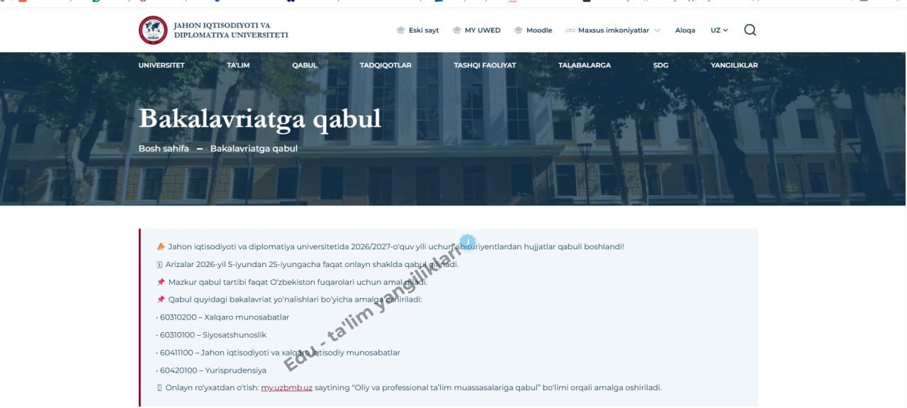 Diplomatiya universitetiga kirishda dastlabki imtihon endi bo‘lmaydi