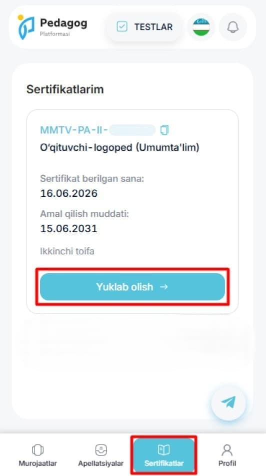 Pedagoglar diqqatiga: sertifikatlarni yuklab olish boshlandi