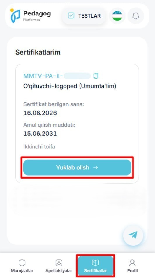 Pedagoglar diqqatiga: sertifikatlarni yuklab olish boshlandi