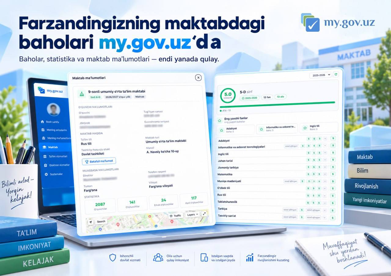 my.gov.uz’da yangi xizmat: Farzandingizning baholarini onlayn tekshiring